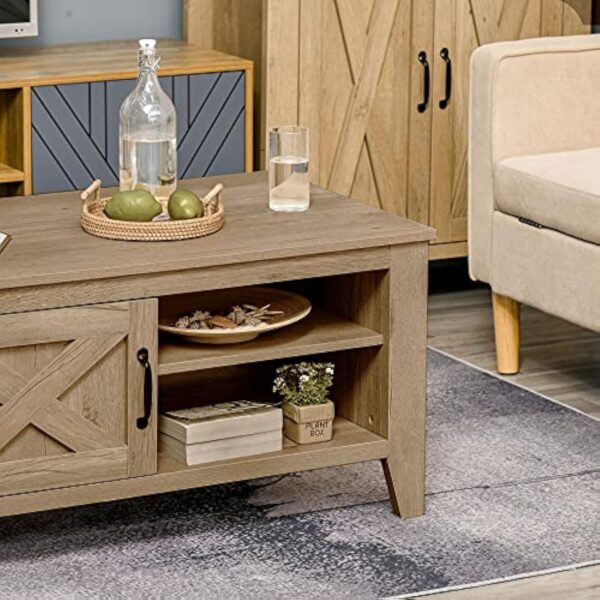 HOMCOM Table Basse rectangulaire Style Rural Chic Placard avec étagère 2 niches MDF Aspect Bois Clair – Image 9
