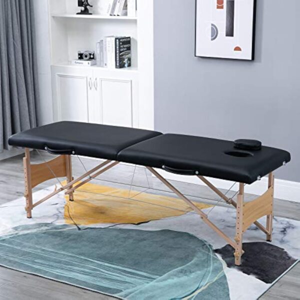 HOMCOM Table de Massage Pliante lit Table de beauté 2 Zones Portable Sac de tranport Inclus Hauteur réglable dim. 186L x 60l x 58-81H cm Bois Massif revêtement synthétique Noir – Image 3