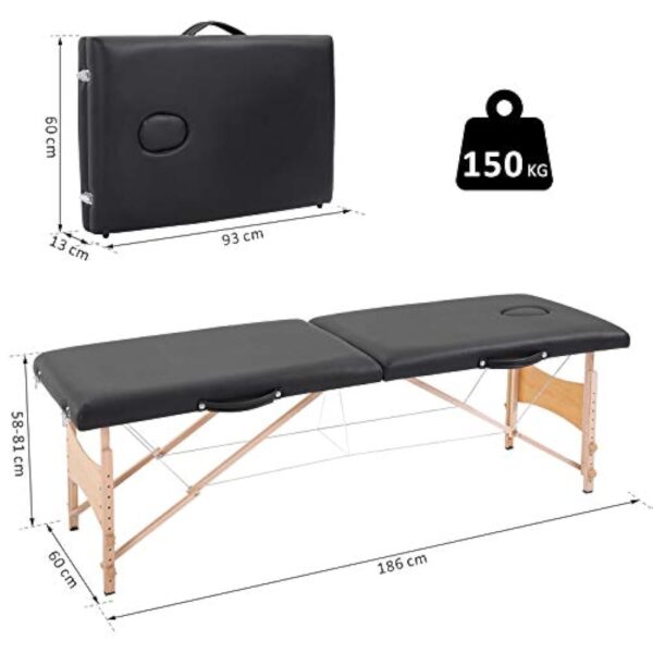 HOMCOM Table de Massage Pliante lit Table de beauté 2 Zones Portable Sac de tranport Inclus Hauteur réglable dim. 186L x 60l x 58-81H cm Bois Massif revêtement synthétique Noir – Image 4