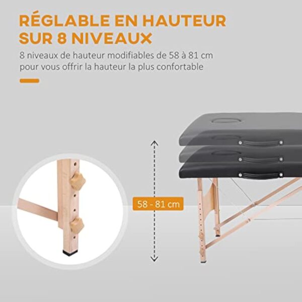 HOMCOM Table de Massage Pliante lit Table de beauté 2 Zones Portable Sac de tranport Inclus Hauteur réglable dim. 186L x 60l x 58-81H cm Bois Massif revêtement synthétique Noir – Image 5