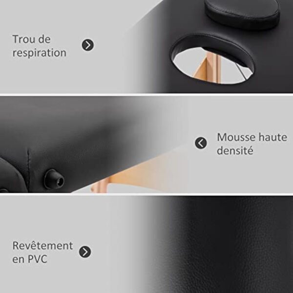 HOMCOM Table de Massage Pliante lit Table de beauté 2 Zones Portable Sac de tranport Inclus Hauteur réglable dim. 186L x 60l x 58-81H cm Bois Massif revêtement synthétique Noir – Image 6