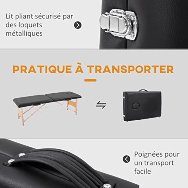 HOMCOM Table de Massage Pliante lit Table de beauté 2 Zones Portable Sac de tranport Inclus Hauteur réglable dim. 186L x 60l x 58-81H cm Bois Massif revêtement synthétique Noir – Image 7