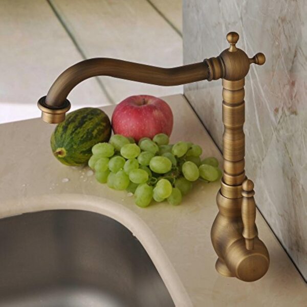 Hiendure® laiton massif un trou Une poignée Haute-Arc Bec Robinets de cuisine Robinet de lavabo évier, Laiton antique – Image 2
