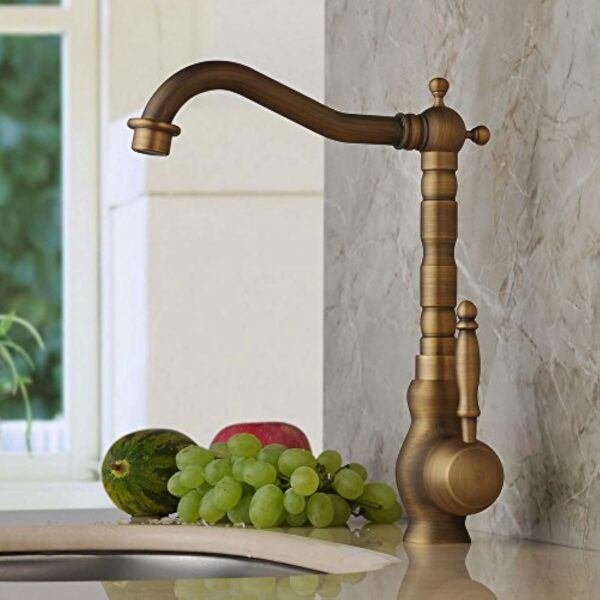 Hiendure® laiton massif un trou Une poignée Haute-Arc Bec Robinets de cuisine Robinet de lavabo évier, Laiton antique – Image 3