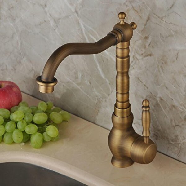 Hiendure® laiton massif un trou Une poignée Haute-Arc Bec Robinets de cuisine Robinet de lavabo évier, Laiton antique – Image 4
