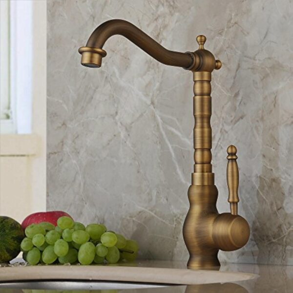 Hiendure® laiton massif un trou Une poignée Haute-Arc Bec Robinets de cuisine Robinet de lavabo évier, Laiton antique – Image 5