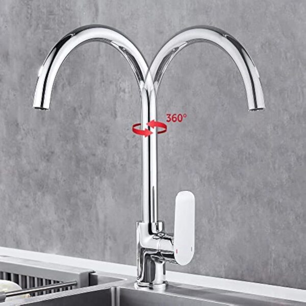 Hoomtaook Robinet Cuisine Douchette Poignée Unique Inox Mélangeur Chaud et Froid Embout Robinet Cuisine Rotatif Laiton Chrome Robinet De Cuisine – Image 3