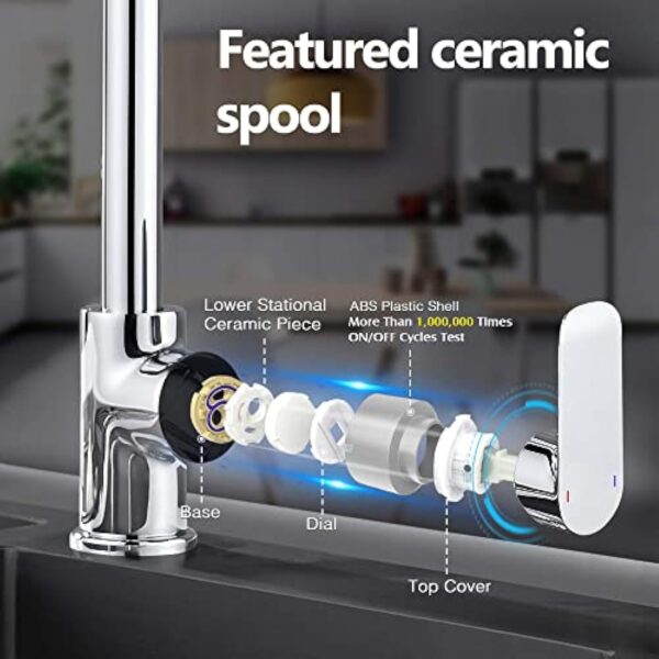 Hoomtaook Robinet Cuisine Douchette Poignée Unique Inox Mélangeur Chaud et Froid Embout Robinet Cuisine Rotatif Laiton Chrome Robinet De Cuisine – Image 5