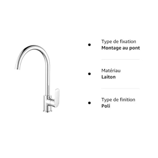Hoomtaook Robinet Cuisine Douchette Poignée Unique Inox Mélangeur Chaud et Froid Embout Robinet Cuisine Rotatif Laiton Chrome Robinet De Cuisine – Image 8