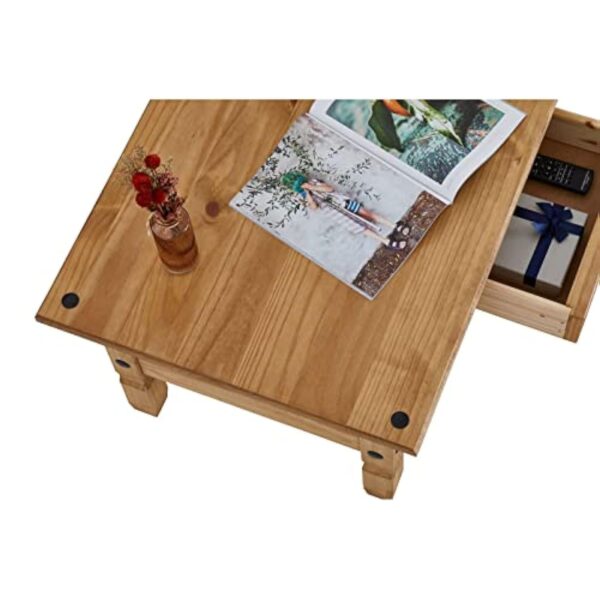 IDIMEX Table Basse Esteban en pin Massif Style Mexicain avec 1 tiroir, Table de Salon en Bois teinté/ciré avec 4 Pieds – Image 8