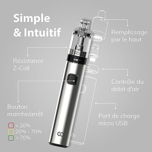 INNOKIN - Starter Kit GOz 2ml - Cigarette Electronique Tube - Puissance 13W - Batterie 1500 mA - Résistance Z Coil 1,6 Ohm - Airflow MTL - Noir - Sans nicotine – Image 4