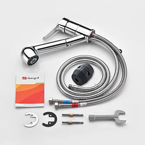 Ibergrif M14550, Mitigeur de Cuisine Extractible, Robinet de Cuisine avec Douchette, Mitigeur Evier Bec Bas, Robinet d'Évier de Cuisine Rotatif à 360°, Chromé, Argent – Image 8