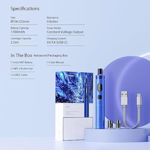 JOYETECH EGO AIO 2 Kit Cigarette Électronique Vape sans Nicotine 0,8ohm BFC bobine 1700mAh USB-C Capacité de 2ml Compatible avec les BF Series Coils Vapoteur sans Tobac Rose d'or – Image 8