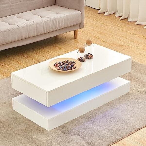JYMTOM Table basse pour salon, table d'appoint, moderne en bois avec lumières LED, blanc brillant, avec 2 tiroirs, rectangulaire, meuble de bureau à domicile (2 tiroirs, blanc)
