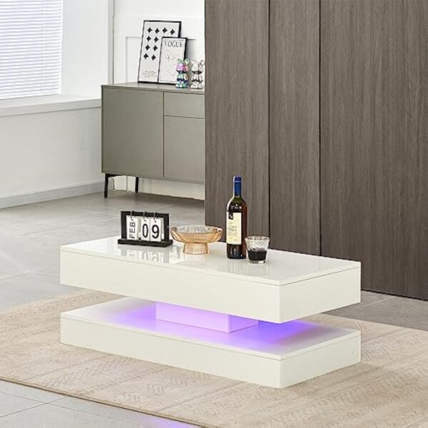 JYMTOM Table basse pour salon, table d'appoint, moderne en bois avec lumières LED, blanc brillant, avec 2 tiroirs, rectangulaire, meuble de bureau à domicile (2 tiroirs, blanc) – Image 4