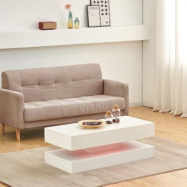 JYMTOM Table basse pour salon, table d'appoint, moderne en bois avec lumières LED, blanc brillant, avec 2 tiroirs, rectangulaire, meuble de bureau à domicile (2 tiroirs, blanc) – Image 5
