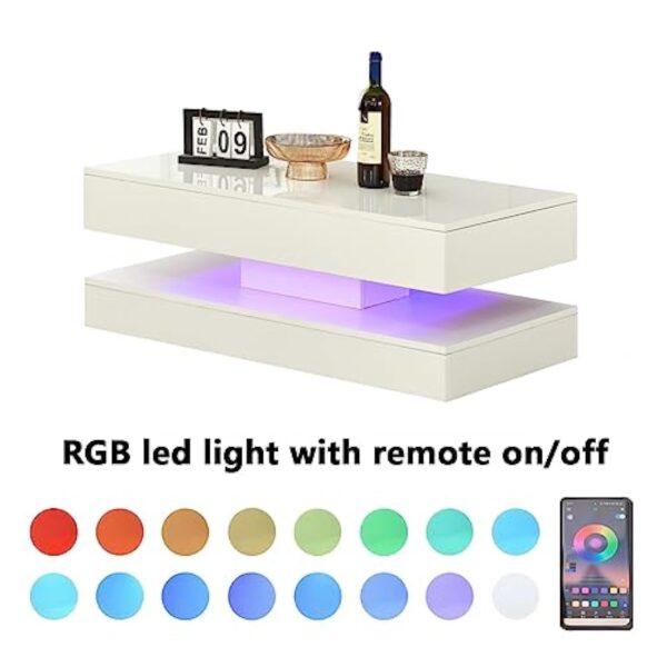 JYMTOM Table basse pour salon, table d'appoint, moderne en bois avec lumières LED, blanc brillant, avec 2 tiroirs, rectangulaire, meuble de bureau à domicile (2 tiroirs, blanc) – Image 6