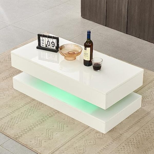 JYMTOM Table basse pour salon, table d'appoint, moderne en bois avec lumières LED, blanc brillant, avec 2 tiroirs, rectangulaire, meuble de bureau à domicile (2 tiroirs, blanc) – Image 10
