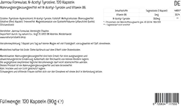 Jarrow Formulas, N-Acetyl-Tyrosin, avec Vitamine B6, Hautement Dosé, 120 Capsules, Testé en Laboratoire, Sans Gluten, Sans Soja, Sans OGM – Image 3