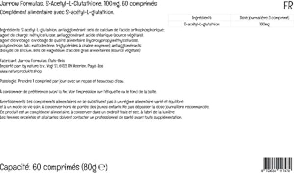 Jarrow Formulas, S-Acetyl-L-Glutathione, 100mg, 60 Comprimés végétaliens, Testé en Laboratoire, Sans Gluten, Sans Soja, Végétarien, Sans OGM – Image 3