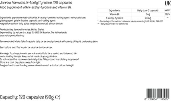Jarrow Formulas, N-Acetyl-Tyrosin, avec Vitamine B6, Hautement Dosé, 120 Capsules, Testé en Laboratoire, Sans Gluten, Sans Soja, Sans OGM – Image 4