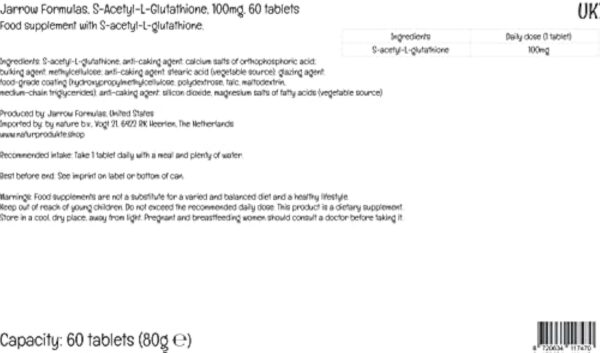 Jarrow Formulas, S-Acetyl-L-Glutathione, 100mg, 60 Comprimés végétaliens, Testé en Laboratoire, Sans Gluten, Sans Soja, Végétarien, Sans OGM – Image 4