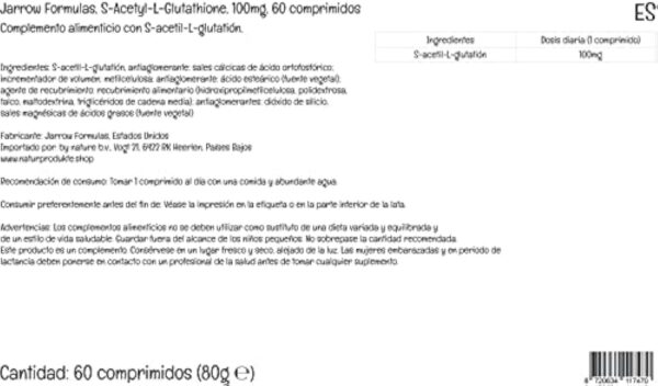Jarrow Formulas, S-Acetyl-L-Glutathione, 100mg, 60 Comprimés végétaliens, Testé en Laboratoire, Sans Gluten, Sans Soja, Végétarien, Sans OGM – Image 6