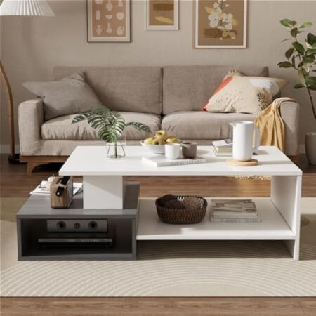 JoliJour Table Basse de Salon Table à Café Moderne Rectangulaire Table d'appoint de Canapé Table Centrale en Bois Meuble de Salon 2 Niveaux Blanche pour Salon Bureau Installation Facile 105x35x60cm