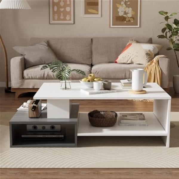 JoliJour Table Basse de Salon Table à Café Moderne Rectangulaire Table d'appoint de Canapé Table Centrale en Bois Meuble de Salon 2 Niveaux Blanche pour Salon Bureau Installation Facile 105x35x60cm – Image 2