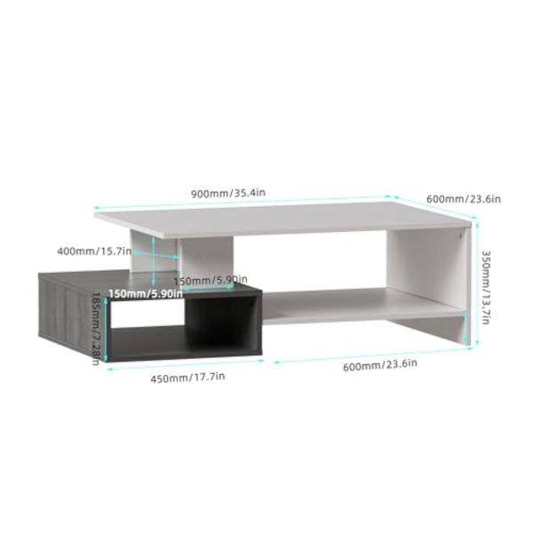 JoliJour Table Basse de Salon Table à Café Moderne Rectangulaire Table d'appoint de Canapé Table Centrale en Bois Meuble de Salon 2 Niveaux Blanche pour Salon Bureau Installation Facile 105x35x60cm – Image 3