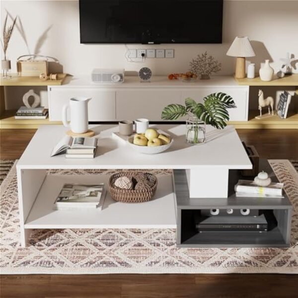 JoliJour Table Basse de Salon Table à Café Moderne Rectangulaire Table d'appoint de Canapé Table Centrale en Bois Meuble de Salon 2 Niveaux Blanche pour Salon Bureau Installation Facile 105x35x60cm – Image 4