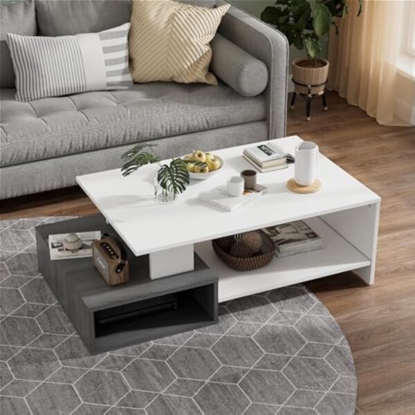 JoliJour Table Basse de Salon Table à Café Moderne Rectangulaire Table d'appoint de Canapé Table Centrale en Bois Meuble de Salon 2 Niveaux Blanche pour Salon Bureau Installation Facile 105x35x60cm – Image 6