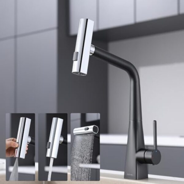 Kelleria Robinetterie de Cuisine Noire Extensible, Mitigeur à Démarrage à Froid avec Douchette Extensible, Mitigeur d'Évier à Trois Modes de Pulvérisation, Robinet de Cuisine en Acier Inoxydable – Image 2