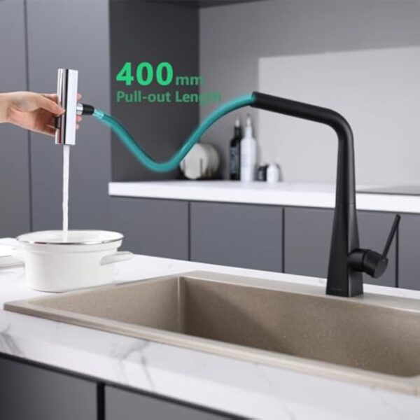Kelleria Robinetterie de Cuisine Noire Extensible, Mitigeur à Démarrage à Froid avec Douchette Extensible, Mitigeur d'Évier à Trois Modes de Pulvérisation, Robinet de Cuisine en Acier Inoxydable – Image 4