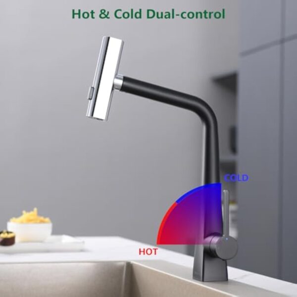 Kelleria Robinetterie de Cuisine Noire Extensible, Mitigeur à Démarrage à Froid avec Douchette Extensible, Mitigeur d'Évier à Trois Modes de Pulvérisation, Robinet de Cuisine en Acier Inoxydable – Image 5