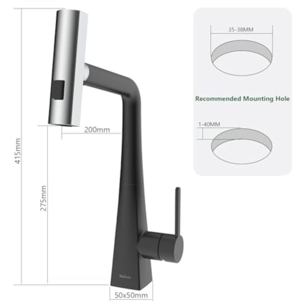 Kelleria Robinetterie de Cuisine Noire Extensible, Mitigeur à Démarrage à Froid avec Douchette Extensible, Mitigeur d'Évier à Trois Modes de Pulvérisation, Robinet de Cuisine en Acier Inoxydable – Image 7