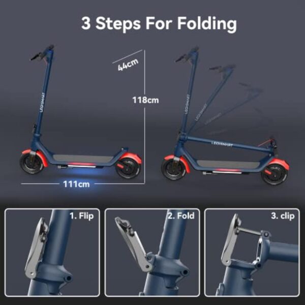 LEQISMART Trottinette Electrique Adultes, 9'' Pneu Anti-crevaison Trotinette électrique, 3 Modes Vitesse Trajet Scooter Pliable, Maximum 25KM/H, Double Système de Freinage et APP-A6S – Image 6