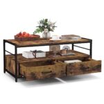 LIFEZEAL Table Basse Salon avec 2 Grands Tiroirs et Compartiment Arrière, Table de Salon Rectangulaire en Bois, Cadre en Métal, Désign Industriel, 105 x 50 x 45 cm, Marron Rustique