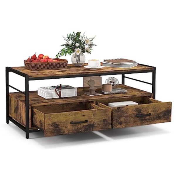 LIFEZEAL Table Basse Salon avec 2 Grands Tiroirs et Compartiment Arrière, Table de Salon Rectangulaire en Bois, Cadre en Métal, Désign Industriel, 105 x 50 x 45 cm, Marron Rustique