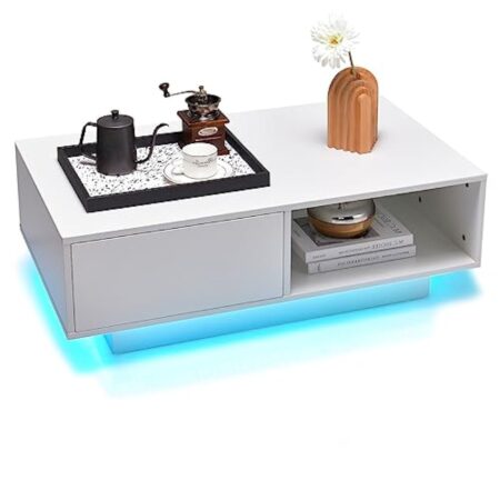 LIFEZEAL Table Basse LED 20 Couleurs, Table de Salon Blanche avec 1 Grand Tiroir et Compartiment, Télécommande et Prise USB, Table Basse Rectangulaire en Bois, 95 x 55 x 31 cm (Blanc)