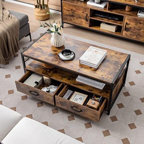 LIFEZEAL Table Basse Salon avec 2 Grands Tiroirs et Compartiment Arrière, Table de Salon Rectangulaire en Bois, Cadre en Métal, Désign Industriel, 105 x 50 x 45 cm, Marron Rustique – Image 3