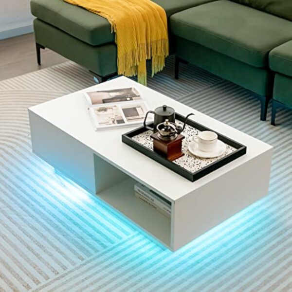 LIFEZEAL Table Basse LED 20 Couleurs, Table de Salon Blanche avec 1 Grand Tiroir et Compartiment, Télécommande et Prise USB, Table Basse Rectangulaire en Bois, 95 x 55 x 31 cm (Blanc) – Image 3