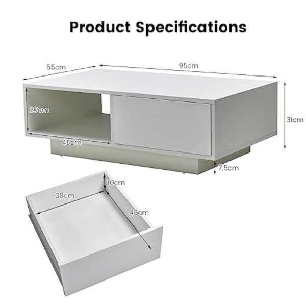 LIFEZEAL Table Basse LED 20 Couleurs, Table de Salon Blanche avec 1 Grand Tiroir et Compartiment, Télécommande et Prise USB, Table Basse Rectangulaire en Bois, 95 x 55 x 31 cm (Blanc) – Image 4