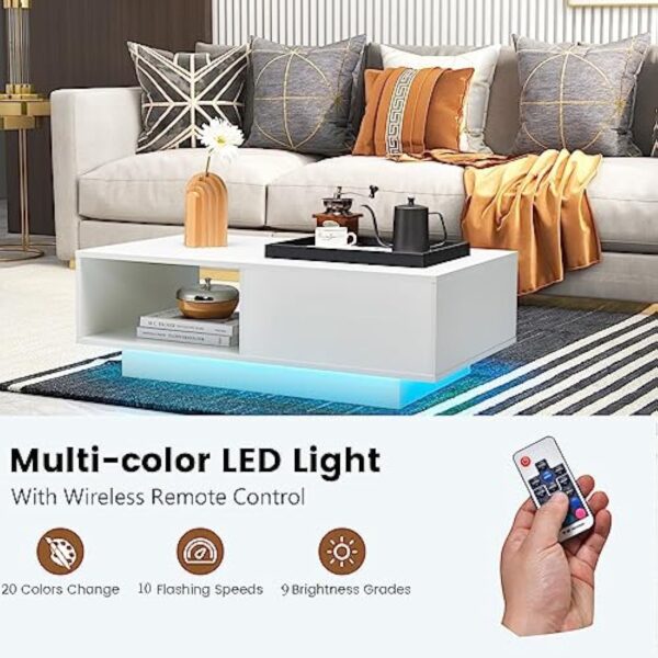 LIFEZEAL Table Basse LED 20 Couleurs, Table de Salon Blanche avec 1 Grand Tiroir et Compartiment, Télécommande et Prise USB, Table Basse Rectangulaire en Bois, 95 x 55 x 31 cm (Blanc) – Image 5