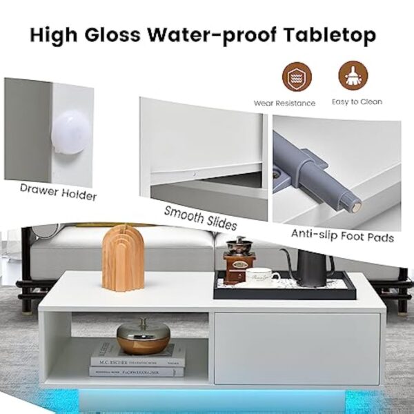 LIFEZEAL Table Basse LED 20 Couleurs, Table de Salon Blanche avec 1 Grand Tiroir et Compartiment, Télécommande et Prise USB, Table Basse Rectangulaire en Bois, 95 x 55 x 31 cm (Blanc) – Image 7