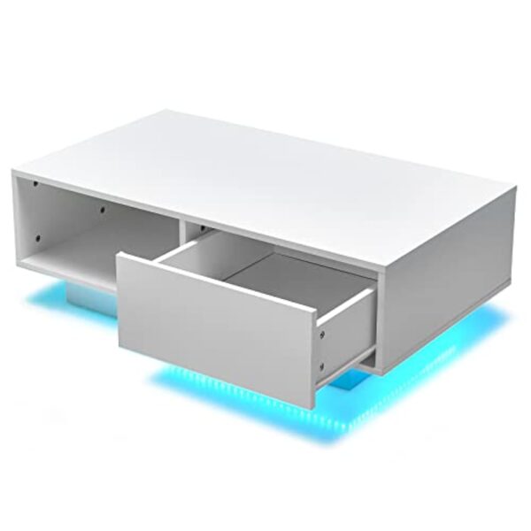 LIFEZEAL Table Basse LED 20 Couleurs, Table de Salon Blanche avec 1 Grand Tiroir et Compartiment, Télécommande et Prise USB, Table Basse Rectangulaire en Bois, 95 x 55 x 31 cm (Blanc) – Image 8