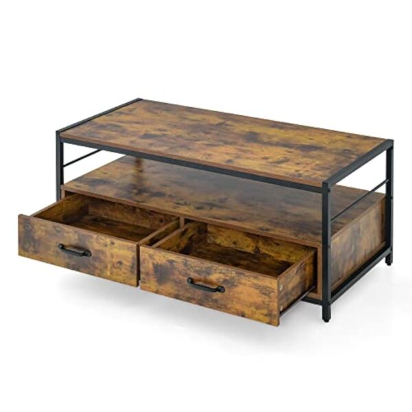 LIFEZEAL Table Basse Salon avec 2 Grands Tiroirs et Compartiment Arrière, Table de Salon Rectangulaire en Bois, Cadre en Métal, Désign Industriel, 105 x 50 x 45 cm, Marron Rustique – Image 9