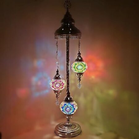 Lampadaire fait à la main turc, marocain, arabe, oriental, bohémien, style Tiffany, mosaïque en verre, coloré, argenté, décoration d'intérieur (mélange de couleurs A - 3 boules)