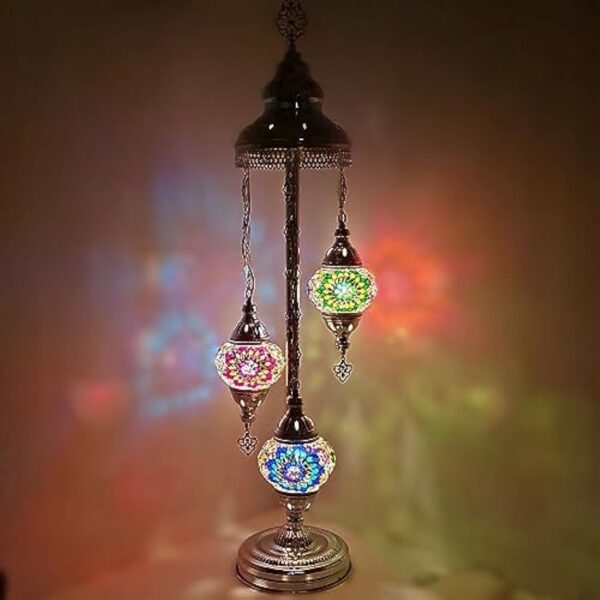 Lampadaire fait à la main turc, marocain, arabe, oriental, bohémien, style Tiffany, mosaïque en verre, coloré, argenté, décoration d'intérieur (mélange de couleurs A - 3 boules)