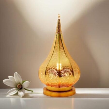 Lampe de table de chevet marocaine Kais Doré 38cm | Abat-jour marocain oriental en métal | petite lampadaire sur pied orientale du Maroc comme Décoration de salon exotique